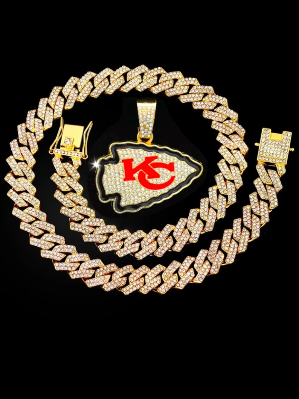 Kansas City Chiefs Necklace Pendant Cuban Chain Link NFL Football Jewelry